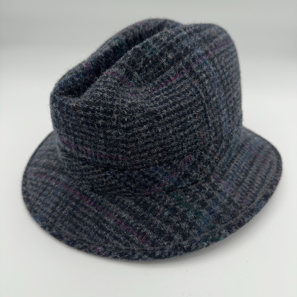 Stetson Hat Fedora Fitted Mens X-Large Gray Plaid Wool Tweed Lined USA
